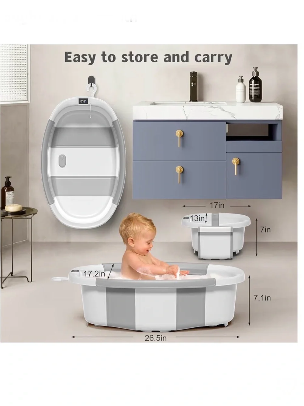 Collapsible Baby👶🏻Bathtub🛁w Cushion Thermometer🌡️& Drain Hole